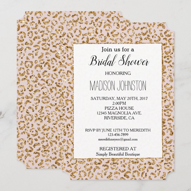Rosa guld glitter leopard djur  inbjudningar (Fram/baksida)