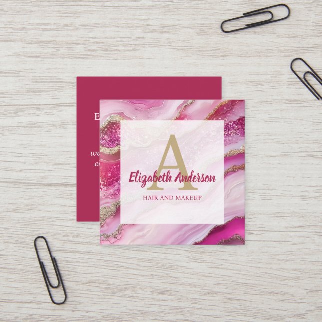 Rosa Guld Glitter Marble Agate Chic Monogram Fyrkantigt Visitkort (Fram/Back In Situ)