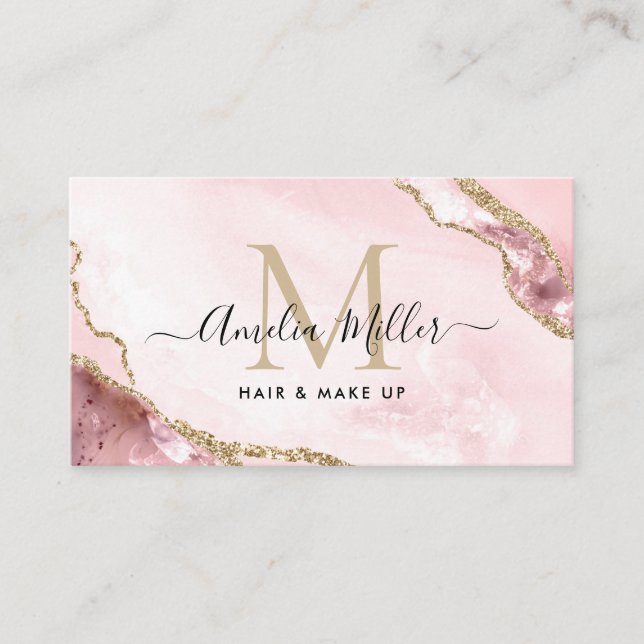  Rosa Guld Glitter marble Agate Monogram QR Visitkort (Framsida)