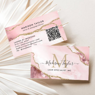 Rosa Guld Glitter marble Agate Monogram QR Visitkort
