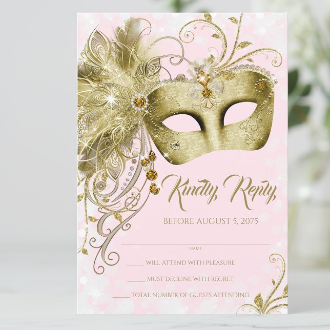 Rosa Guld Glitter MasqueraParty Inbjudningar (Pretty pink gold masquerade party RSVP. You can change the text.)