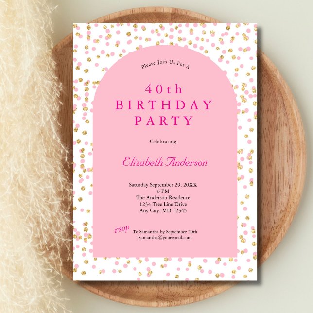Rosa Guld Glitter Modern Båge 40-årsdag För henne Inbjudningar (Pink Gold Glitter 40th birthday party invitation for her. Printed or Instant Digital Download)