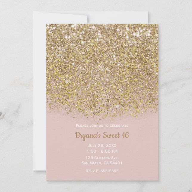 Rosa & Guld Glitter Modern Trendig Glam Chic Fest Inbjudningar (Framsida)