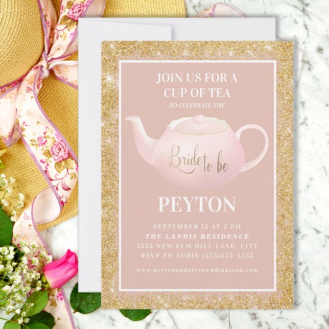  Rosa Guld Glitter Möhippa  Tea Party Shower Inbjudningar (Cute pink and gold Bridal Shower Tea invitation)