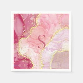 Rosa Guld Glitter Monogram Marble Geode Pappersservett