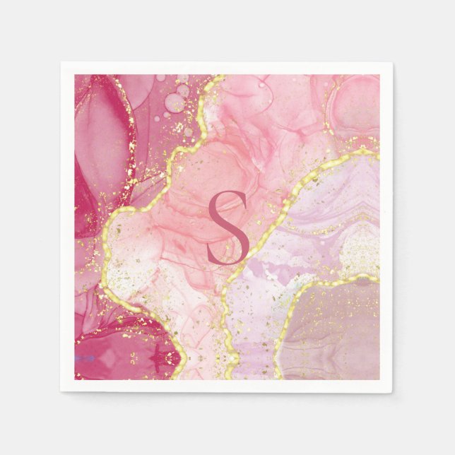 Rosa Guld Glitter Monogram Marble Geode Pappersservett (Framsidan)