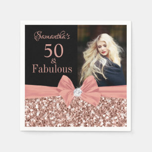 Rosa guld glitter och svart 50-års fotobild pappersservett