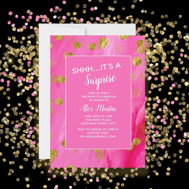 Rosa Guld Glitter Överraskning Födelsedagsfest Inbjudningar (Hot pink with gold glitter surprise birthday party invitation)