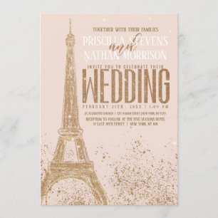 Rosa Guld Glitter Paris Eiffel Torn Bröllop Inbjudningar