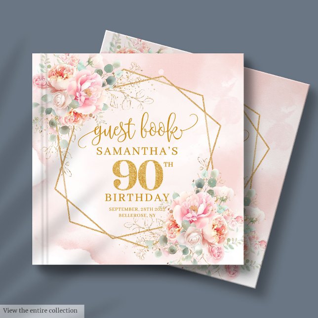  Rosa Guld Glitter Peonies 90:e Gästböcker (Watercolor Blush Pink Gold Glitter Peonies 90th Guest Book)