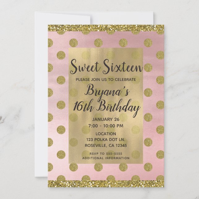  Rosa & Guld Glitter Polka dots Söt 16 16:e Inbjudningar (Framsida)