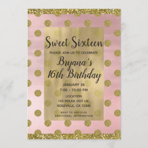 Rosa & Guld Glitter Prickar Söt 16 16-årsdag Inbjudningar