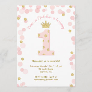 Rosa Guld Glitter Princess 1:a födelsedag Inbjudningar