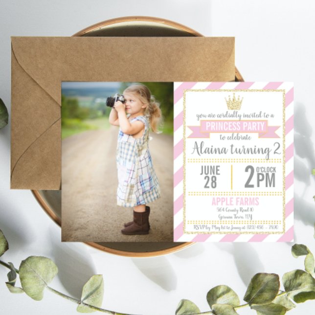 Rosa Guld Glitter Princess Birthday Bild Inbjudan (Skapare uppladdad)