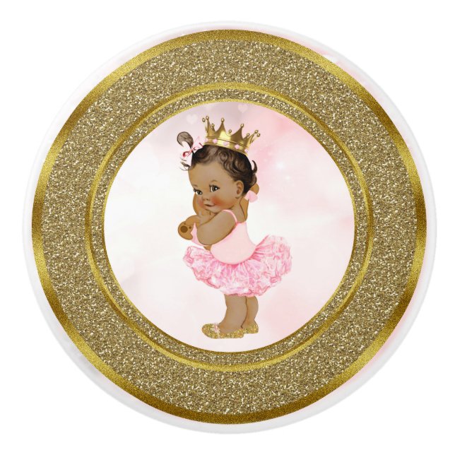 Rosa & Guld Glitter Princess Vintage Tan Flicka Knopp (Framsidan)