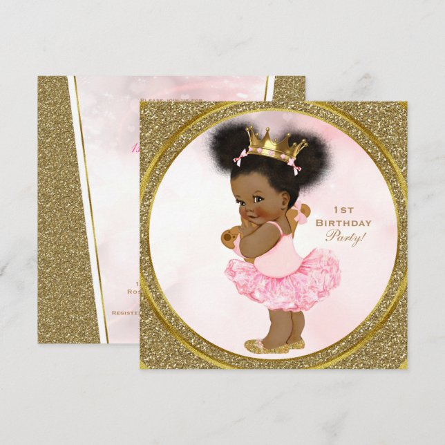 Rosa Guld Glitter Prinsessa Vintage Babyflicka Par Inbjudningar (Fram/baksida)