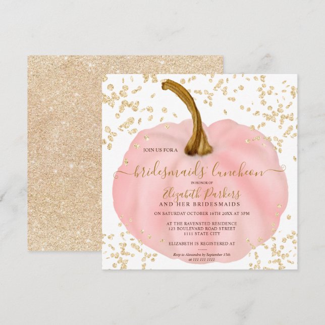 rosa guld glitter pumpa vattenfärgsluncheon inbjudningar (Fram/baksida)
