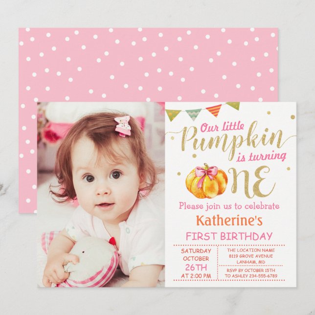 Rosa Guld Glitter Pumpkin Baby 1:a födelsedagsfoto Inbjudningar (Fram/baksida)