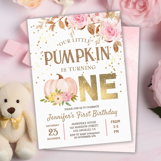 Rosa Guld Glitter Pumpkin Blommigt Girl 1st Birthd Inbjudningar (Skapare uppladdad)