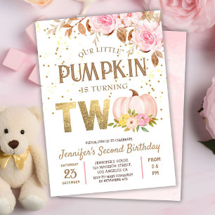 Rosa Guld Glitter Pumpkin Blommigt Girl 2 Birthday Inbjudningar