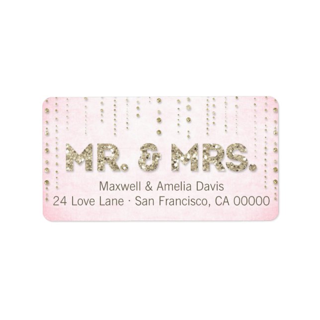 Rosa & Guld Glitter Se Mr. & Mrs Labels Adressetikett (Framsidan)
