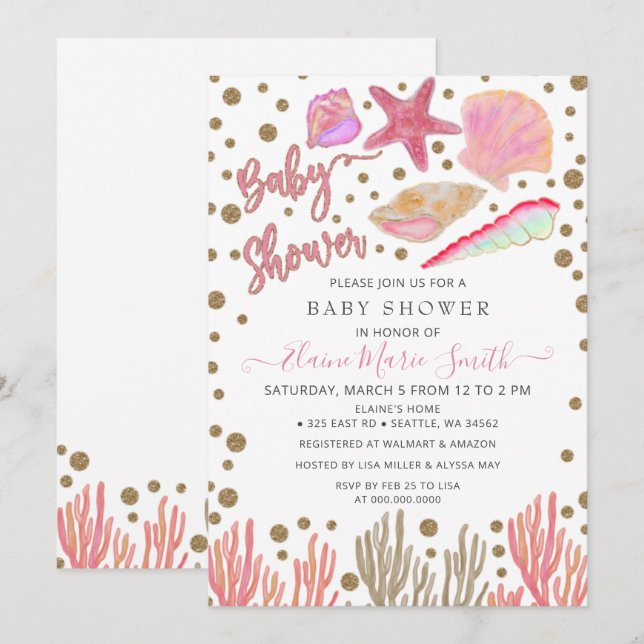 Rosa Guld Glitter Seashells Sea Beach Baby Shower Inbjudningar (Fram/baksida)