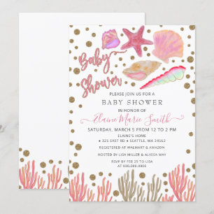 Rosa Guld Glitter Seashells Sea Beach Baby Shower Inbjudningar
