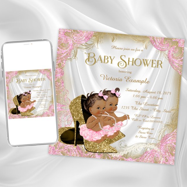 Rosa Guld Glitter Shoe Twin Girl Baby Shower Inbjudningar (Pink gold twin girl baby shower invitation. Instant download and printed invitations available.)