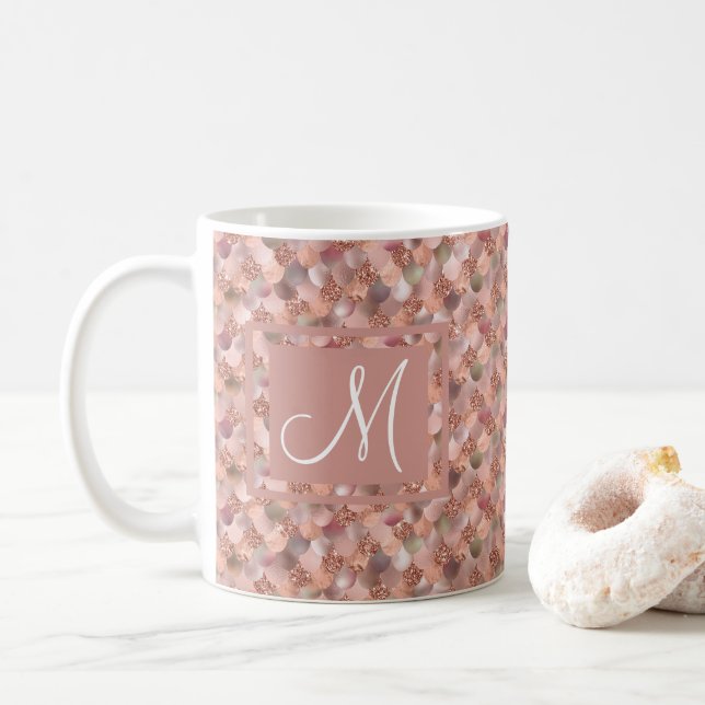 Rosa Guld Glitter Sjömansfjäll Monogram Kaffemugg (Med munk)