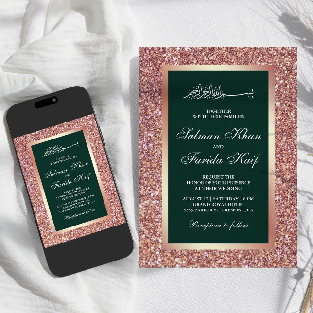 Rosa Guld Glitter Smaragd Islamisk Muslimsk Bröllo Inbjudningar (Skapare uppladdad)