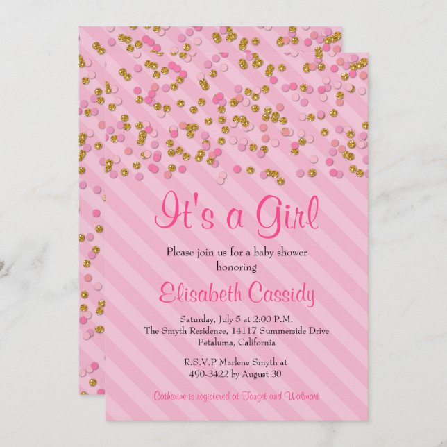 Rosa & Guld Glitter Sprinkle Baby Shower Inbjudan (Fram/baksida)