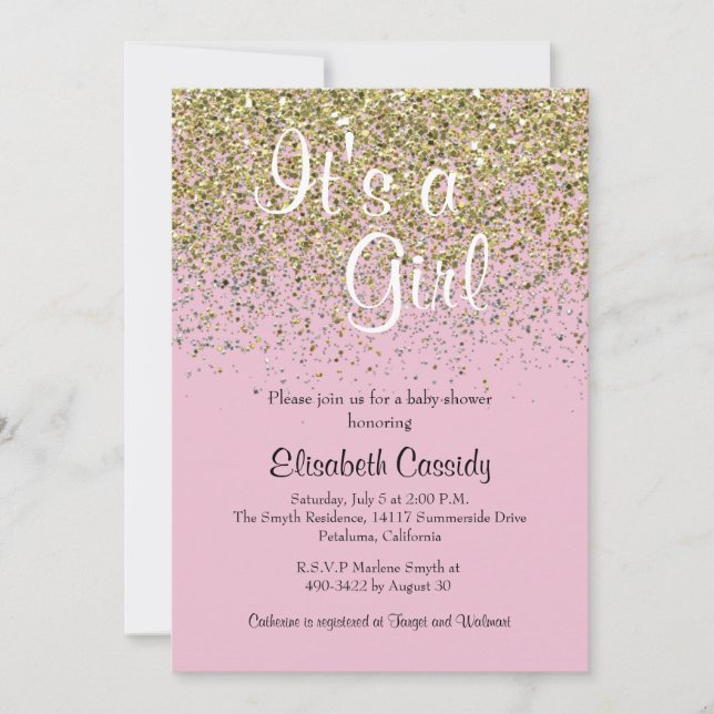 Rosa & Guld Glitter Sprinkle Baby Shower Inbjudan (Framsida)
