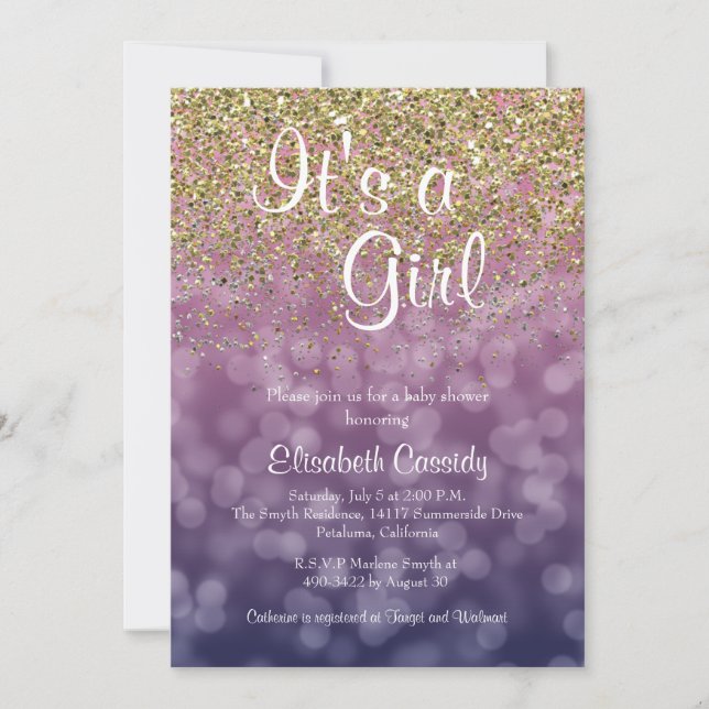 Rosa & Guld Glitter Sprinkle Baby Shower Inbjudan (Framsida)