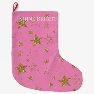 Rosa Guld Glitter Stars Stor Julstrumpa