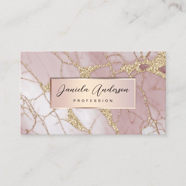 Rosa guld glitter stilfull marmor QR-kod Visitkort (Framsida)