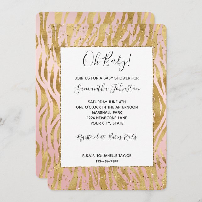 Rosa Guld Glitter Streckkod Baby Shower Inbjudningar (Fram/baksida)