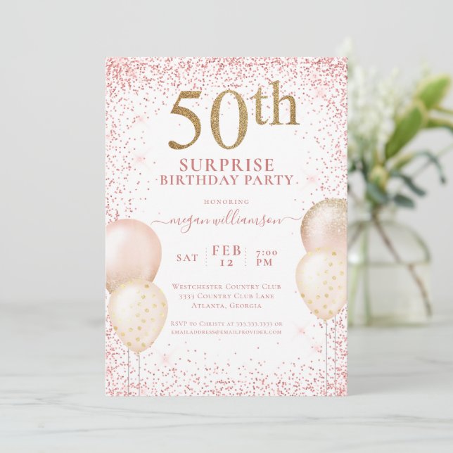 Rosa Guld Glitter Surprise 50:e födelsedagen Inbjudningar (Stående Fram)