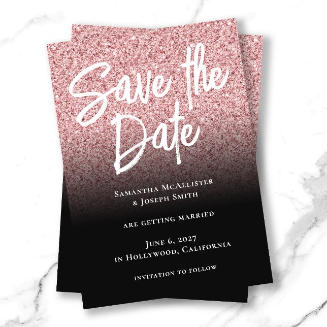 Rosa guld glitter svart ombré spara datumet (Pink Rose Gold Glitter Black Ombre Save The Date)