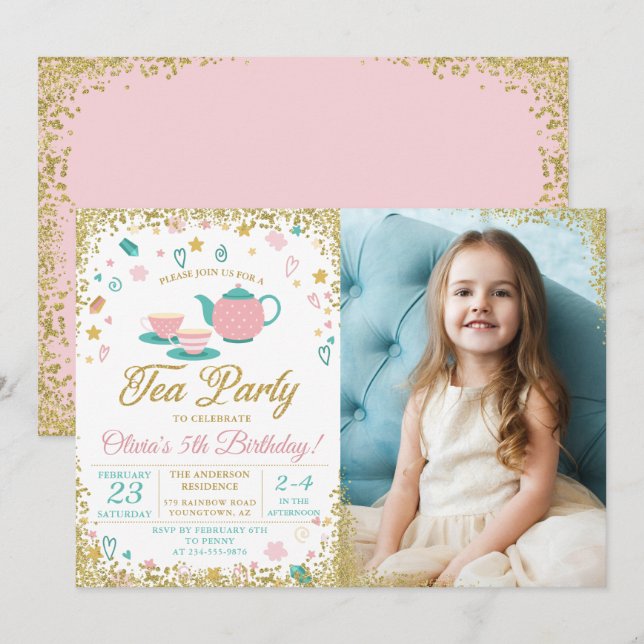 Rosa Guld Glitter Tea Party Girls Birthday Photo Inbjudningar (Fram/baksida)
