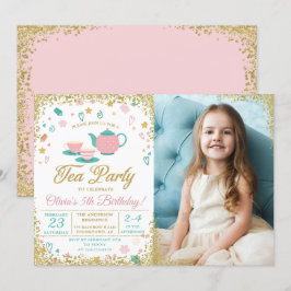 Rosa Guld Glitter Tea Party Girls Birthday Photo Inbjudningar