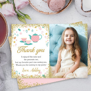 Rosa Guld Glitter Tea Party Girls Birthday Photo Tack Kort