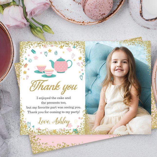 Rosa Guld Glitter Tea Party Girls Birthday Photo Tack Kort (Skapare uppladdad)