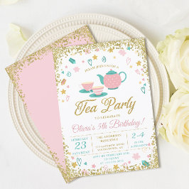 Rosa Guld Glitter Tea Party Girls födelsedag Inbjudningar