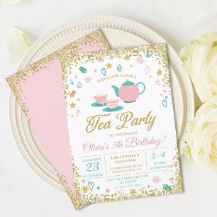 Rosa Guld Glitter Tea Party Girls födelsedag Inbjudningar
