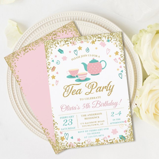 Rosa Guld Glitter Tea Party Girls födelsedag Inbjudningar (Skapare uppladdad)