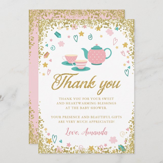 Rosa Guld Glitter Tekalk Tackkort Inbjudningar (Fram/baksida)