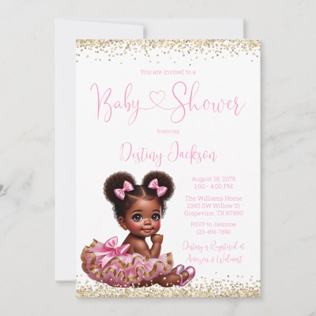 Rosa Guld Glitter Tutu African Girl Baby Shower Inbjudningar (Framsida)