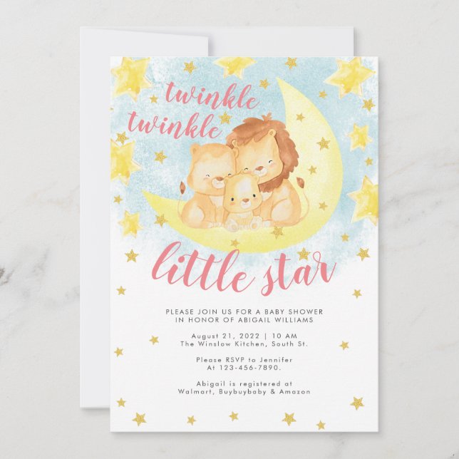 Rosa Guld Glitter Twinkle Little Star Baby Shower Inbjudningar (Framsida)