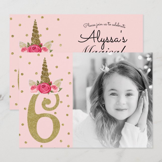 Rosa Guld Glitter Unicorn 6 6e Sex Födelsedagsfest Inbjudningar (Fram/baksida)