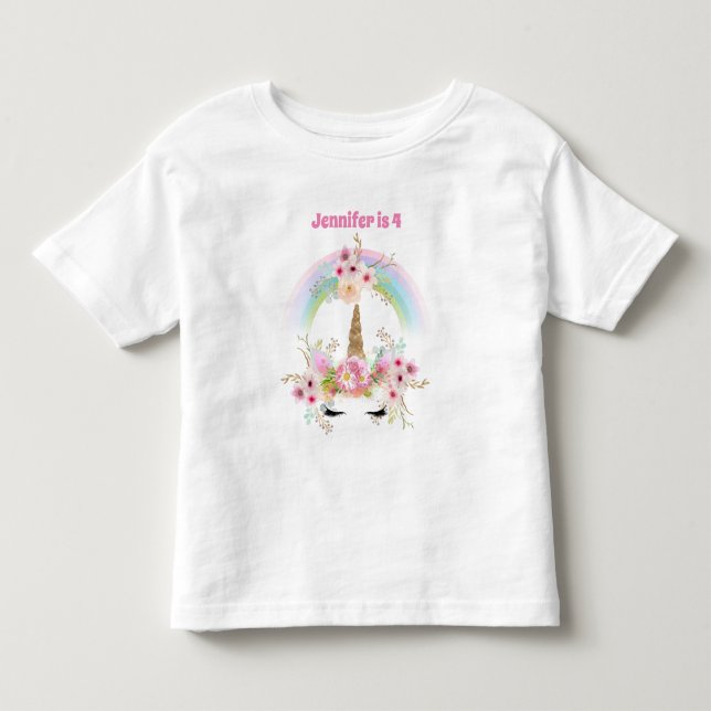ROSA GULD GLITTER UNICORN BLOMMIGT 4E FÖDELSEDAGEN T SHIRT (Framsida)